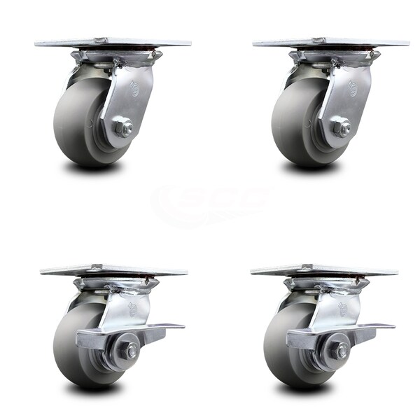 4 Inch Thermoplastic Rubber Swivel Caster Set with Ball Bearings 2 Brakes SCC